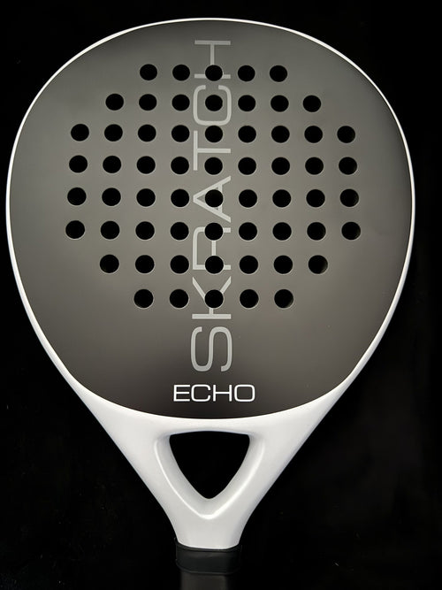 Close up studio shot of the SKRATCH ECHO padel racket with a matte black carbon face and mist grey pearlescent frame.